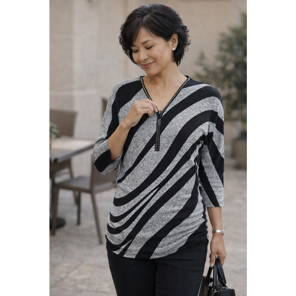 Frank Lyman 2 Ruched Top Zip Neck Rhinestone Black Gray Stripe Stretch Blouse